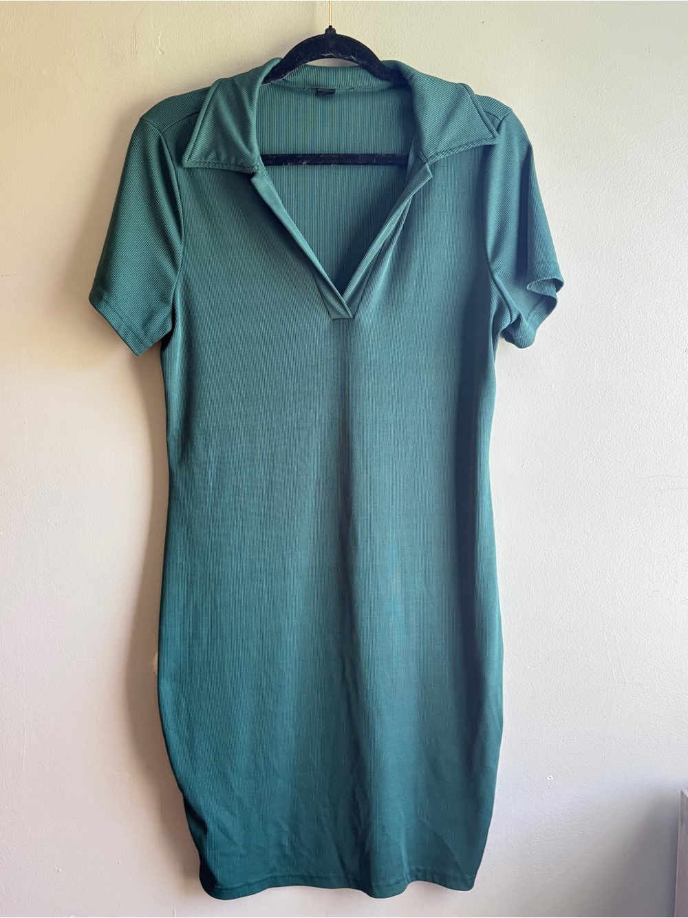 Women's Green Ribbed Polo Stretch Dress Midi - 1X